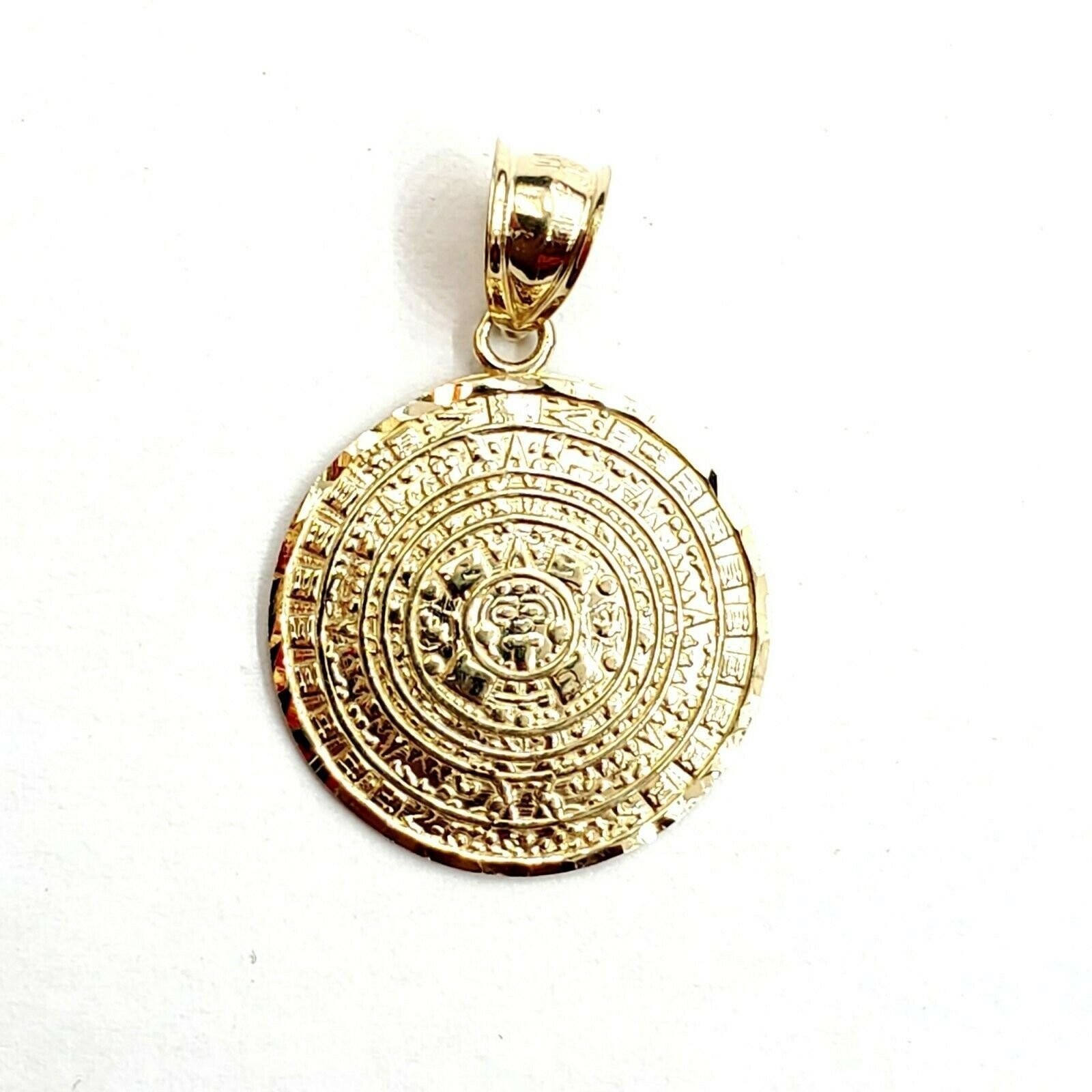 10k yellow Gold solid Aztec Mayan sun calendar Azteca pendant gift 0.80" 2.7g