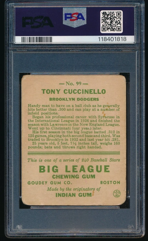 1933 Goudey Baseball #99 Tony Cuccinello Signed Brooklyn Dodgers PSA AUTHENTIC - Image 2 of 2