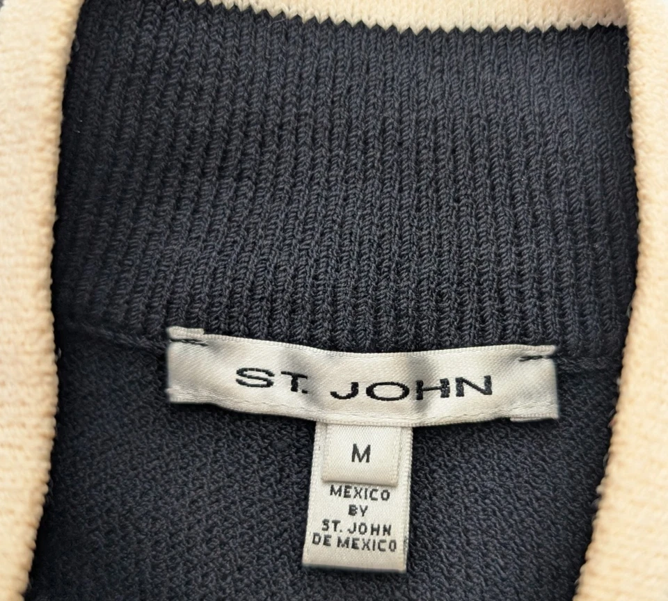 St. John Women's Blazer Jacket Size M Black Cream Ivory Trim Full Zip 3/4 Sleeve - Image 3 of 4