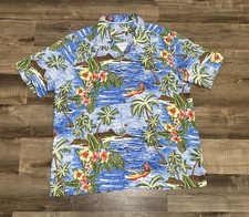 Tommy Bahama Men  s XL Camp Shirt Blue Beach Canoe Palm Tree AOP 100 Silk