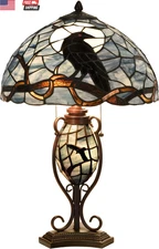 L10956 Raven Sitting on Bare Tree Branch in Full Moon Night Tiffany Style Staine