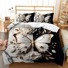 Butterfly Duvet Cover Set Queen Size, Floral Butterfly Print Bedding Set Perf...
