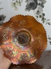 ANTIQUE FENTON DRAGON AND LOTUS CARNIVAL GLASS 3 IN 1 EDGE BOWL, MARIGOLD
