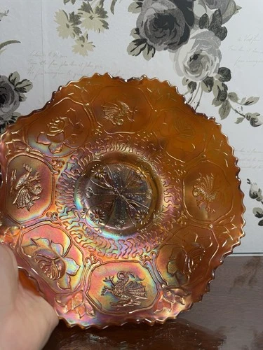 ANTIQUE FENTON DRAGON AND LOTUS CARNIVAL GLASS 3 IN 1 EDGE BOWL, MARIGOLD