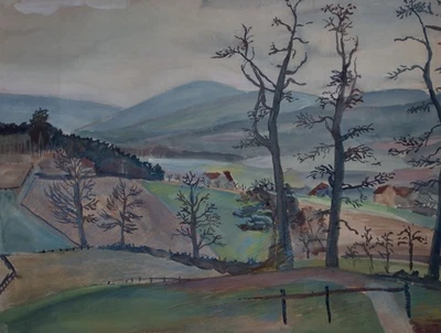 Gerhard Schulte-Dahling Berglandschaft Felder Postwar Aquarell 1960er Jahre - Bild 1 von 3