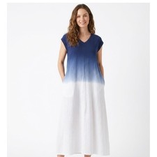 Lands End Ombre V Neck Cap Sleeve Maxi Dress Womens L Blue White Coastal Casual