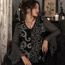 Y2K Boho Patchwork Beaded Top Size L Sheer Bell Sleeve Whimsigoth Fairy Grunge