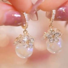 Flower Zircon Hoop Earrings For Women Wedding Engagement Faux Pearl Dangle