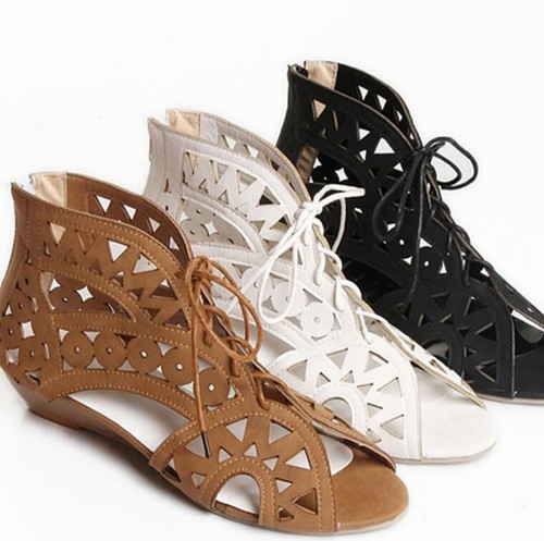 Bohemio Verano Sandalias De Mujer Hueco-out Con Cordones Puntera abierta al  Tobillo Zapatos sin Taco | eBay