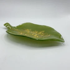 ANNIEGLASS Green Glass Leaf Dish Plate 24K Gold Signed 10”
