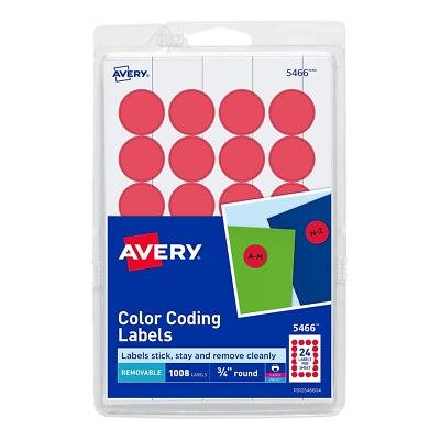 Avery Printable Removable Color-Coding Labels 3/4'' dia Red 1008/Pack 05466