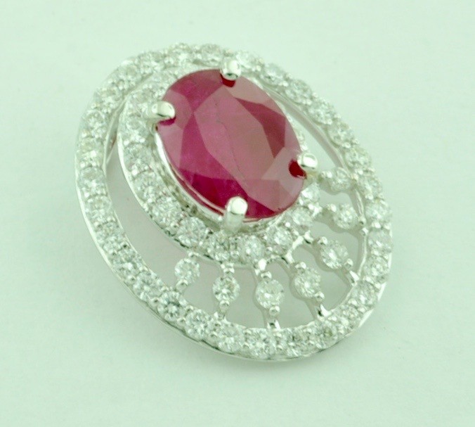 14k Solid White Gold Natural Oval Ruby & Diamond Pendant Cocktail 3.56  Carats
