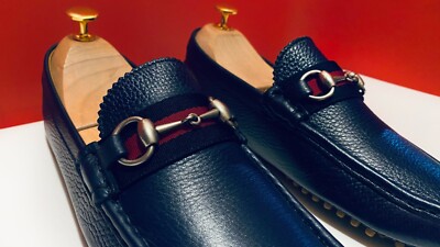 $749.00!! GUCCI ICONIC MEN BLUE SILVER BITS LOAFERS DRIVER SHOES