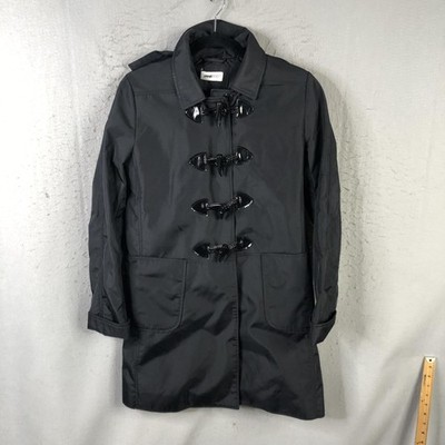 Jane Post Rain Coat Womens XS Black Hooded Toggle Front Nylon Lined Mid Length