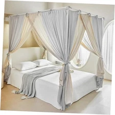 AIKASY Canopy Bed Curtains with Top Ties - Elegant Soft CK/King Gray/Khaki