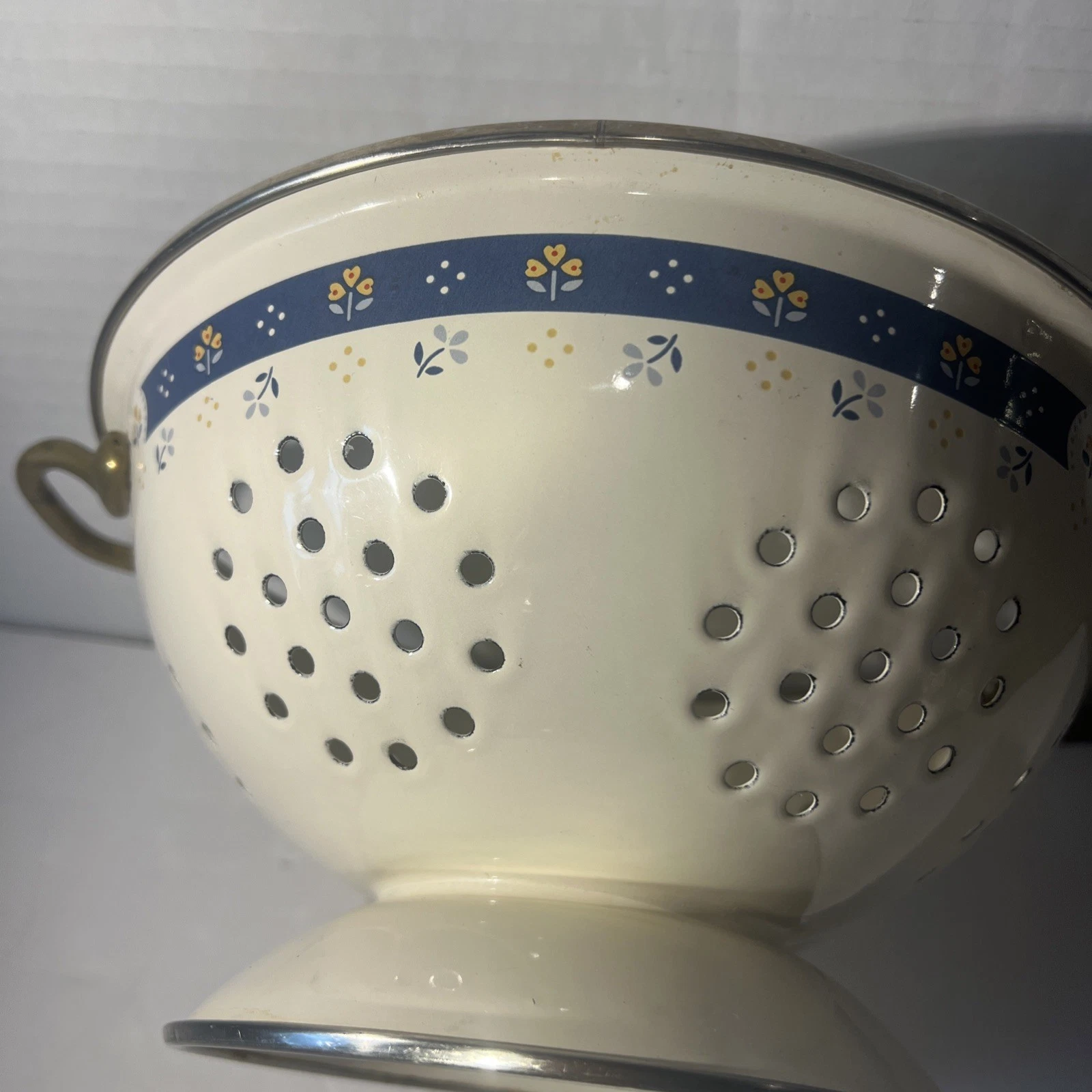 Royal Doulton Carmina Enamel Panted Colander Blue Flowers Silver Edge VTG