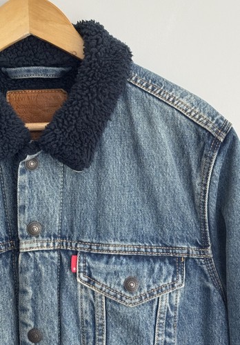 Levi’s Sherpa Trucker Vintage 90s Jacket Washed Blue Denim Blue Fur Fleece Large - Picture 7 of 14