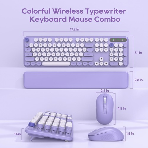 Wireless Keyboard and Mouse Combo, Cute Round Keycaps, Full-Size Retro Typewr... - Picture 8 of 9