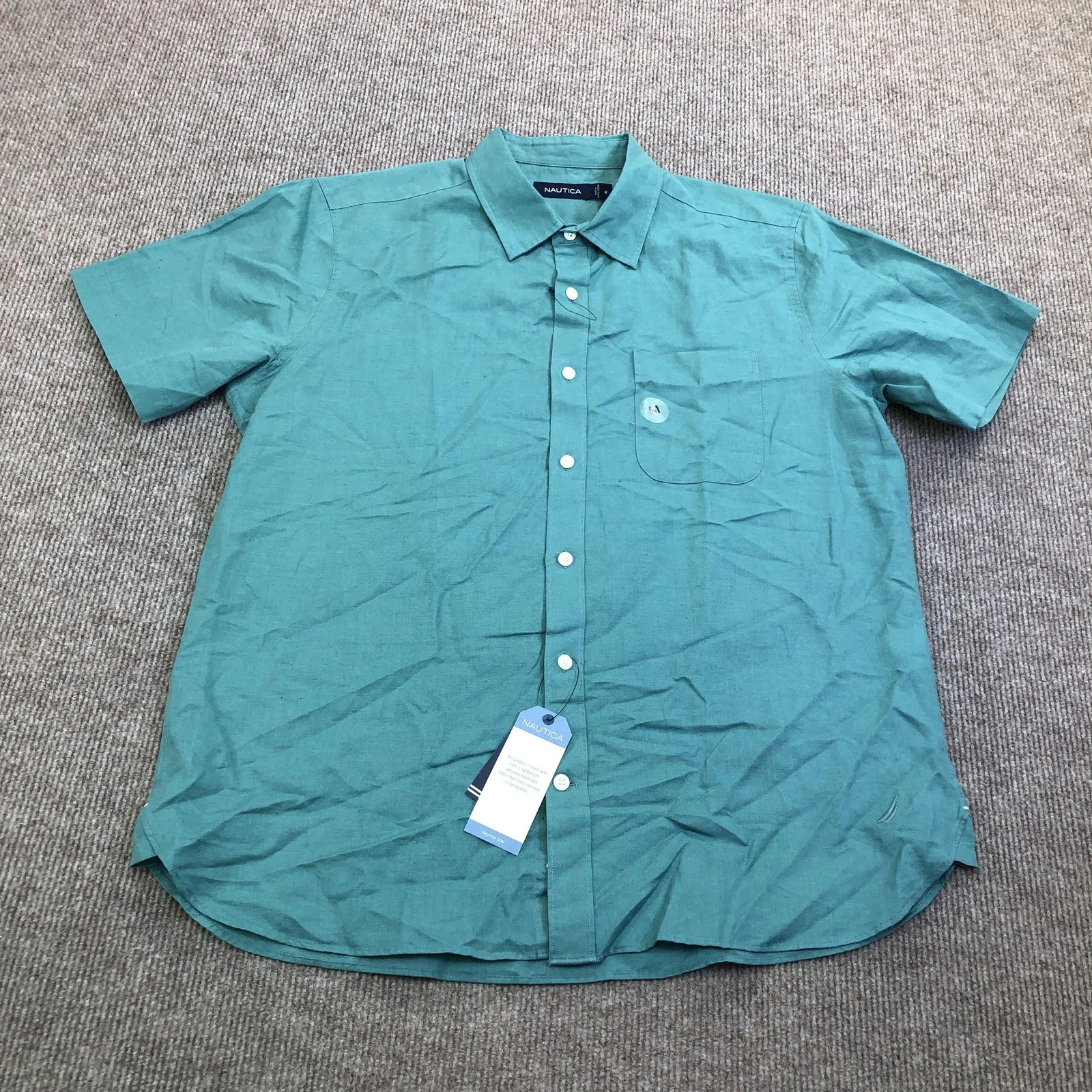 Nautica Shirt Mens Medium Green Solid Linen Short Sleeve Button Up Pocket Casual