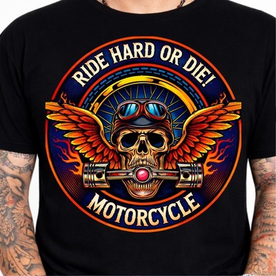 Ride Hard or Die Motorcycle Skull Wings Goggles Pistons Flames Biker Graphic Tee