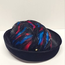 Vintage Black Red Blue Feathers Velvet And Mesh Hat Derby Church Formal Evening
