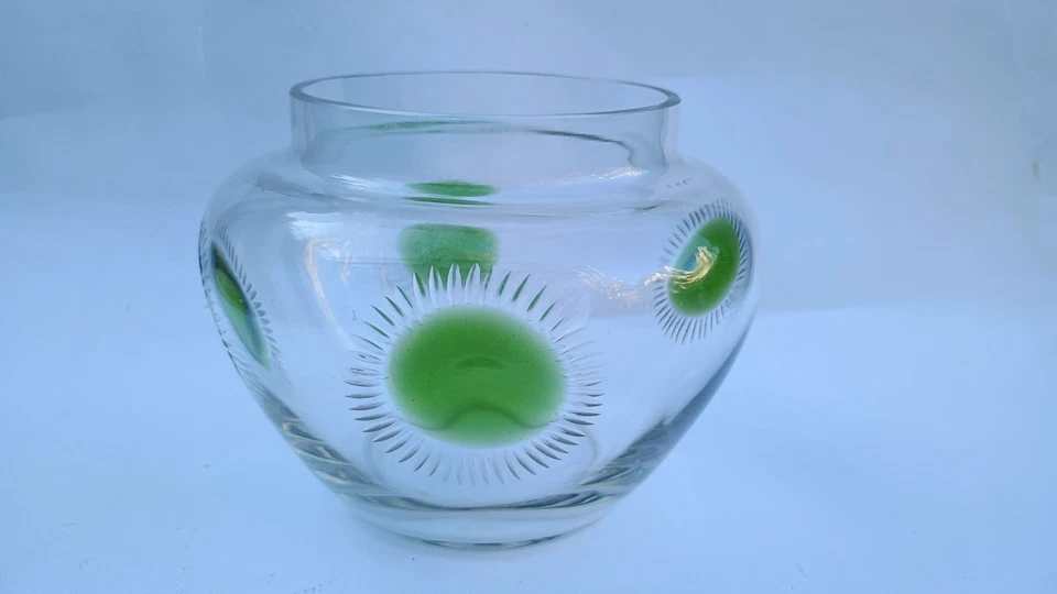 English Arts & Crafts Glass Bowl Vase indented Cut Sun Motifs Stuart & Sons Webb - Image 3 of 4