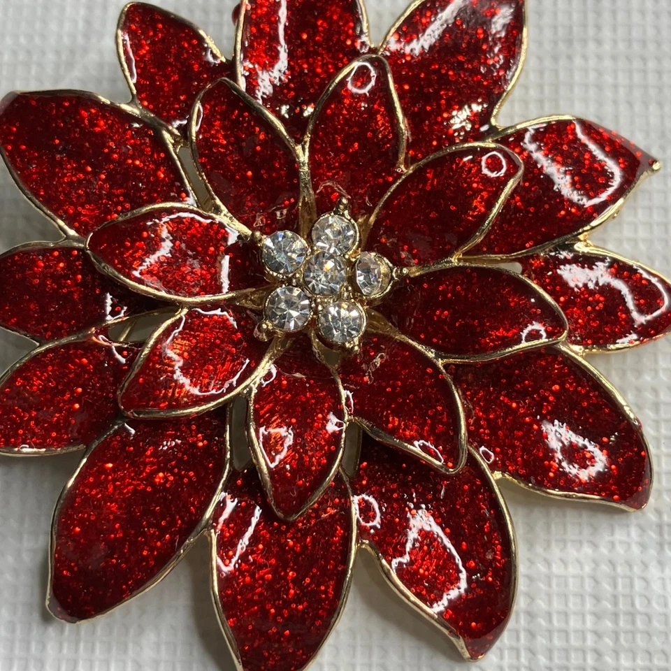 Broche Flor de Pascua Rojo Brillante Estrás Centro Tono Dorado Navidad Foto 2 de 4