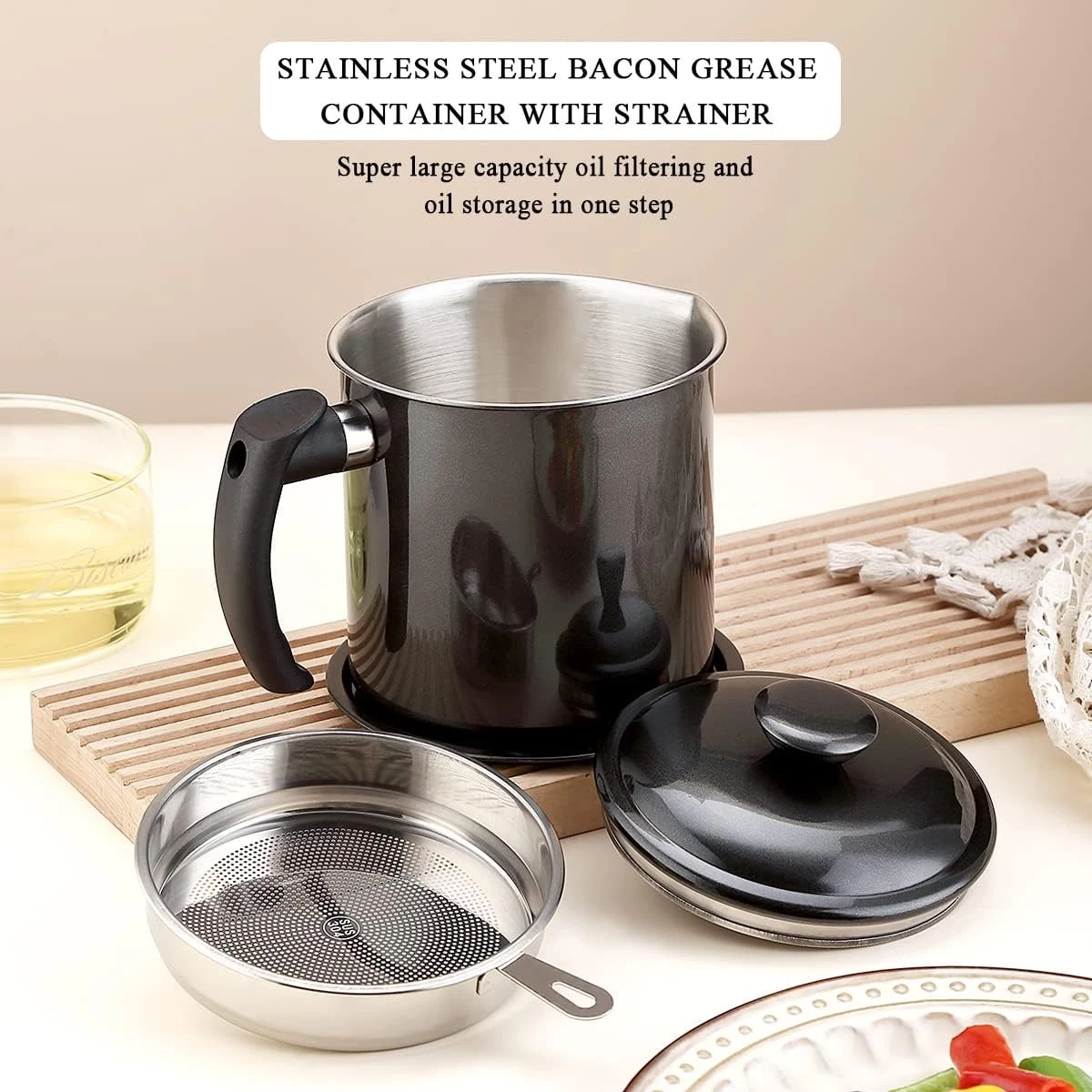 Black Bacon Grease Container with Strainer 48 Oz Black Coating Stainless Steel