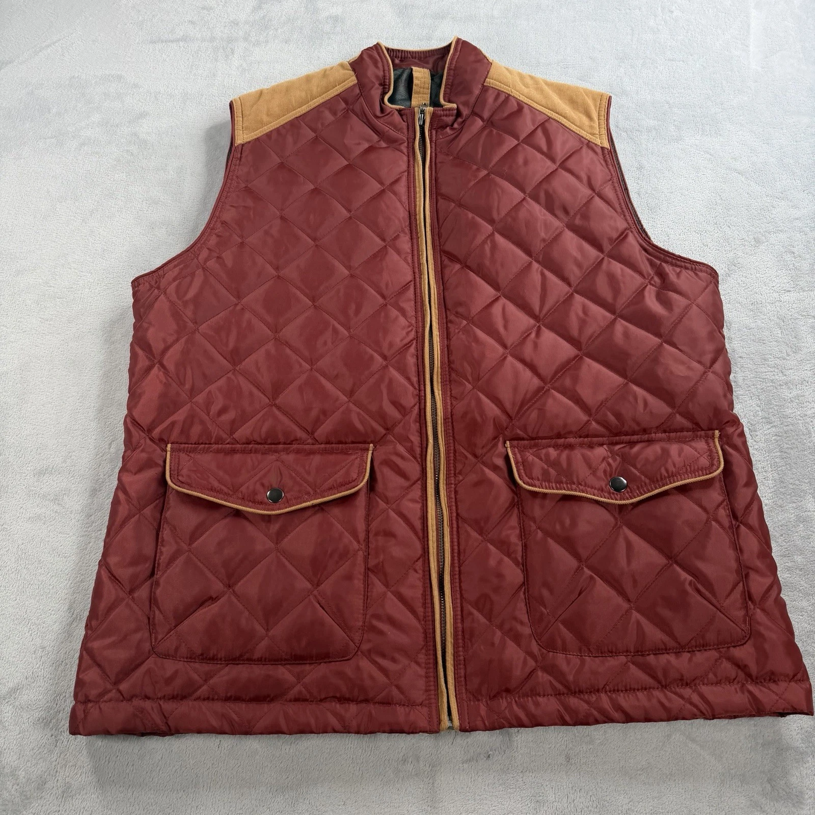 Alan Flusser Red Corduroy Quilted Full Zip Vest Jacket Mens XL Pockets Maroon