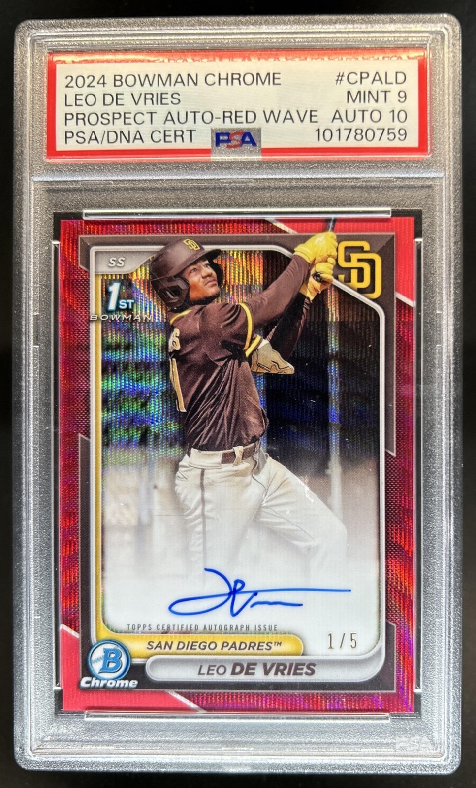 2024 Bowman Chrome Leo De Vries Auto Red Wave Refractor 1st #/5 Padres PSA 9 10