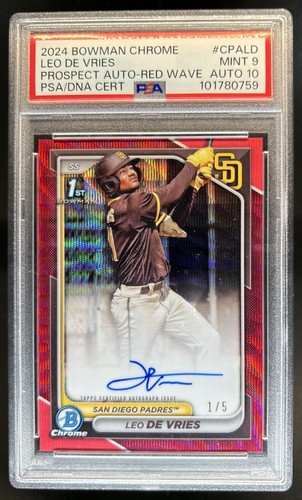 2024 Bowman Chrome Leo De Vries Auto Red Wave Refractor 1st #/5 Padres PSA 9 10