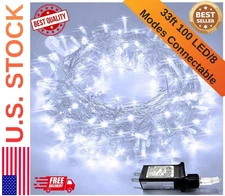 JMEXSUSS 33ft 100 LED White Christmas Lights, 8 Modes Connectable Clear Wire Twi