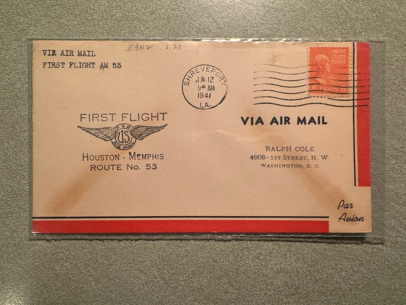 FIRST FLIGHT ROUTE 53 SHREVEPORT LA - JUN 12,1941