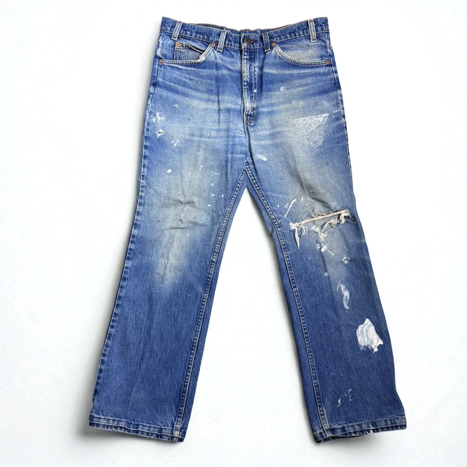 复古 Levis 501 20 世纪 70 年代仿旧橙色标签 34x29.5 英寸下摆油漆飞溅 — 第 2/4 张图片