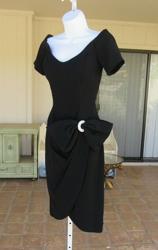 VTG 1980s MORTON MYLES BLACK COCKTAIL DRESS SIZE 6 TRIACETATE RAYON RHINESTONES - Picture 5 of 12