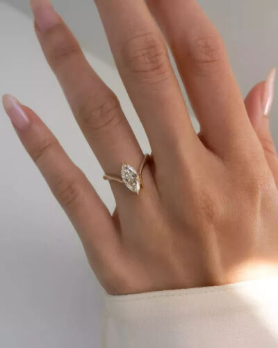 14k Yellow Gold Plated 2Ct Marquise Cut Lab Created Diamond Women Solitaire Ring - Picture 4 of 7
