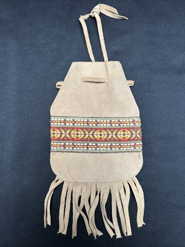 Vintage 70's Kolpin suede leather pouch bag drawstring fringe southwestern