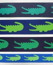 Alligator grosgrain ribbon 5/8" 7/8" 1.5" Blue with Green Crocodile 4 color ways