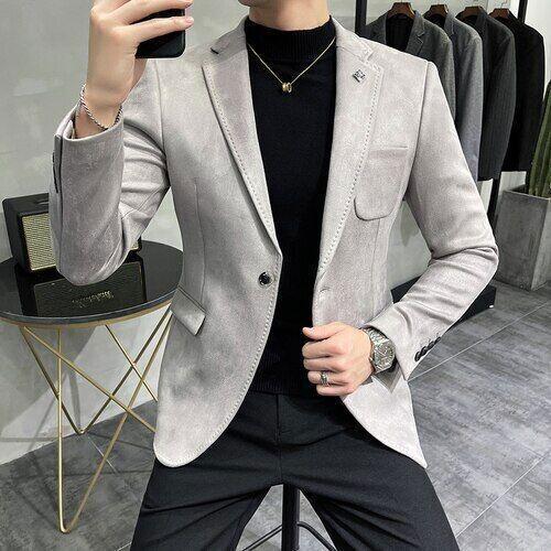 Traje de cuero para hombre con un botón ajustado chaqueta de negocios gamuza bolsillo abrigos de boda - Imagen 15 de 18