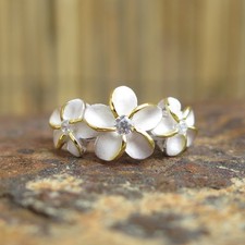 Hawaiian Silver Gold Three Plumeria Flowers CZ Wedding Ring Band 10mm SR2075