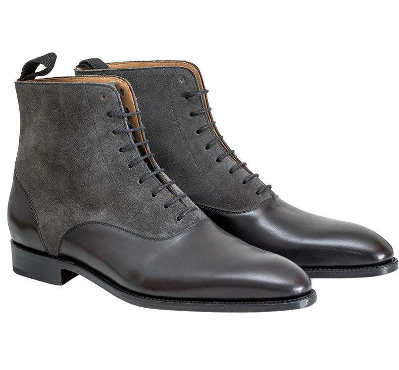 Handmade Men Two Tone Ankle Boot, Mens Black Leather And Gray Suede leather boot