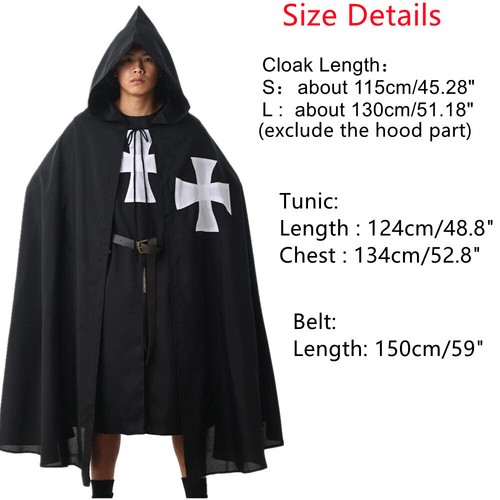 Medieval Mens Cloak Templar Knight Cloak Cape Tunic Halloween Knight Costume Set - Picture 4 of 38