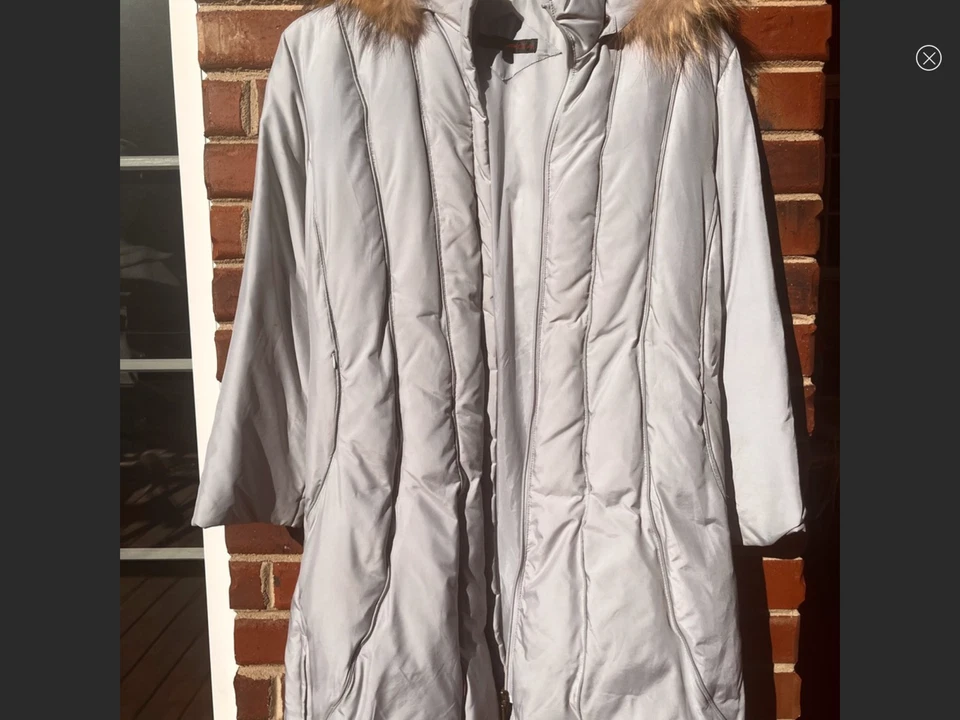 Chaqueta Abrigo Via Spiga Larga Gris Plateado Abajo Puffer Con Capucha de Piel Real Foto 2 de 4