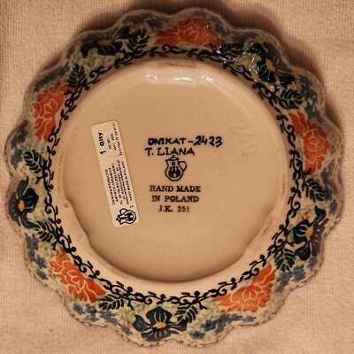 Polish Pottery Unikat T Liana Blue Flowers Floral Scalloped Bowl