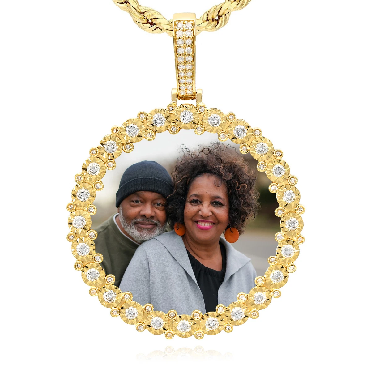 Natural Diamond 14K Yellow Gold Round Picture Frame Memory Pendant