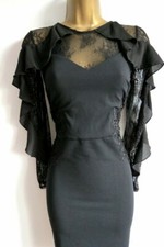 Lipsy Black Dress 10 Long Sleeve Lace Ruffle Bodycon Evening Occasion Party