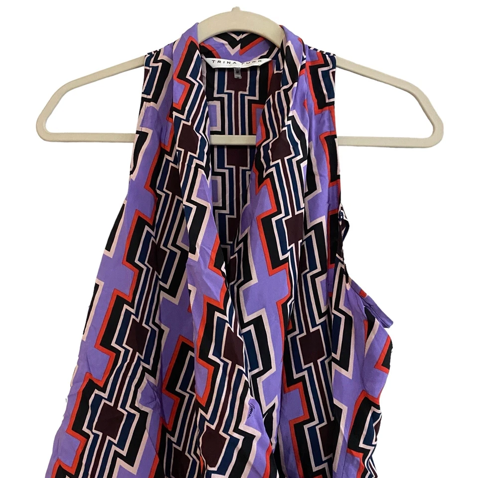 Trina Turk Tank Top Medium Faux Wrap Silk Purple Red Abstract Print Racerback - Image 3 of 4