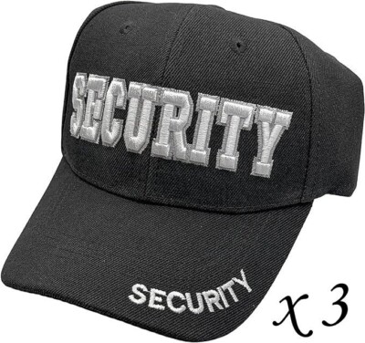 3 Polyester Twill Black Adjustable ''Security'' Embroidered Baseball Cap Hats