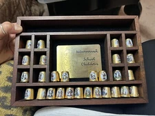 M.J. Hummel School Children Wood Thimble Display with 28 Thimbles