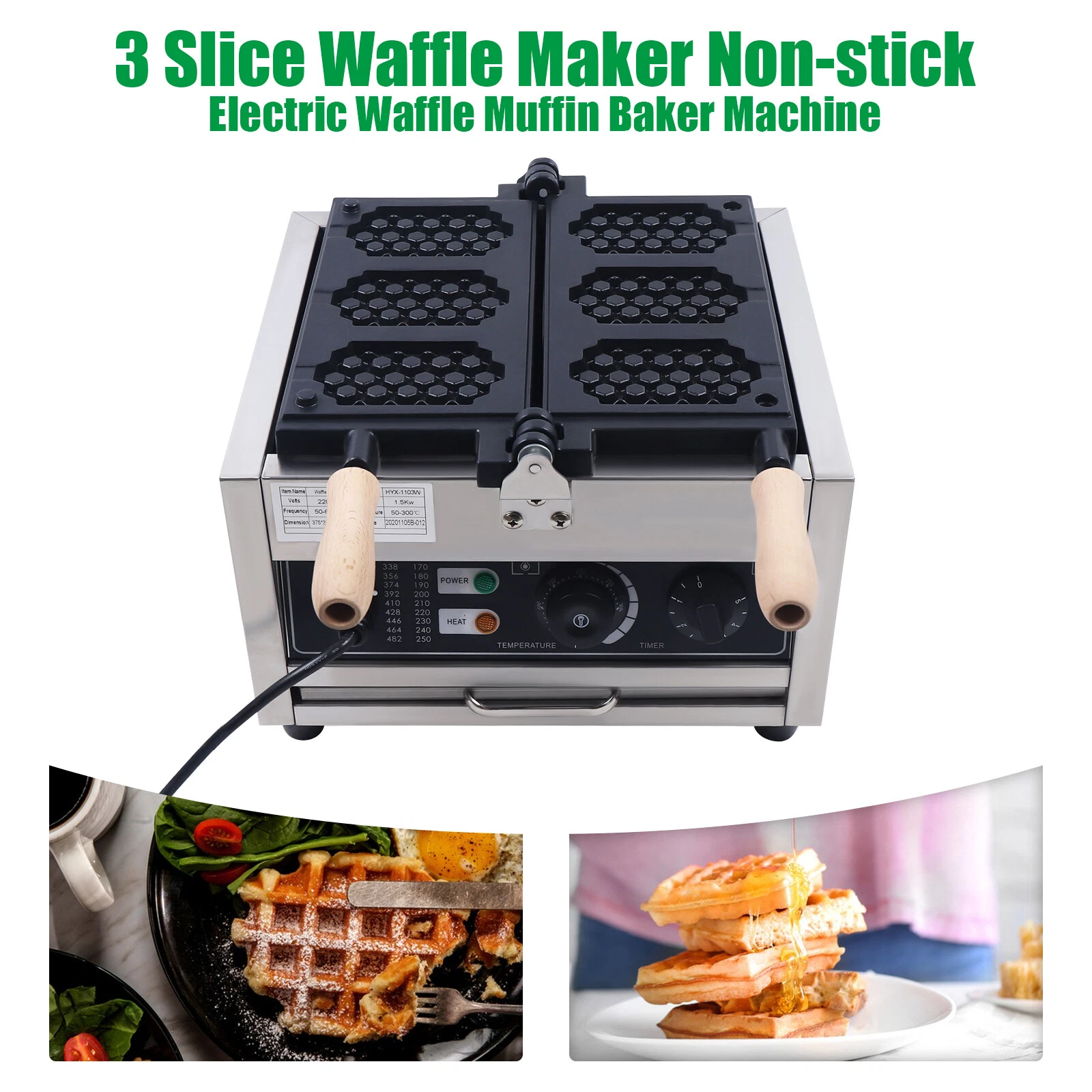 3 Slice Waffle Muffin Maker Machine Commercial Stainless Steel Flip Waffle Make